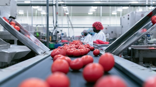 Automated tomato sorting on a factory conveyor belt with workers