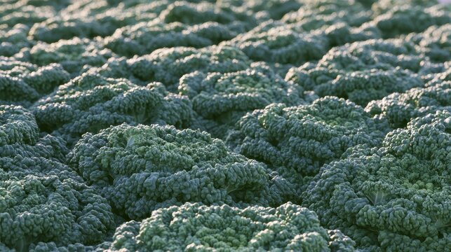 Rows of fresh green savoy cabbage growing in an agricultural field