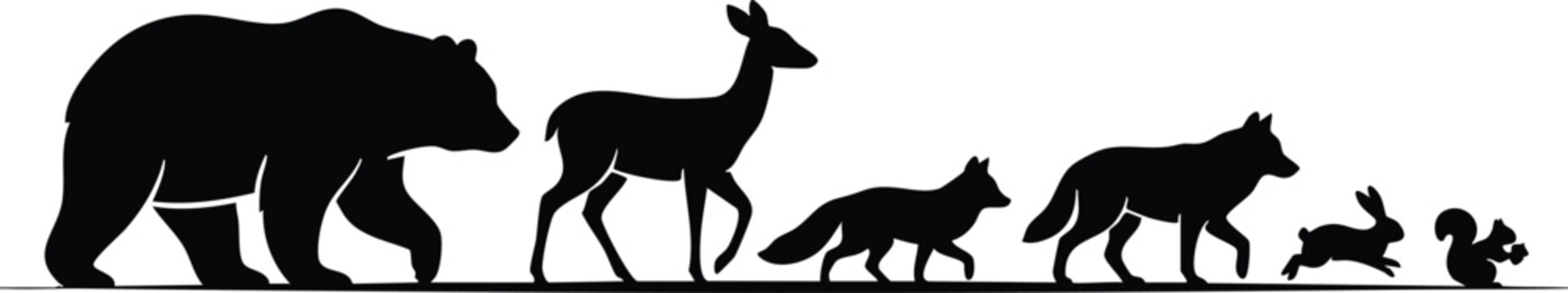 Wild Animal Silhouette Collection, African Wildlife and Forest Animals Black Vector Illustration on White Background
