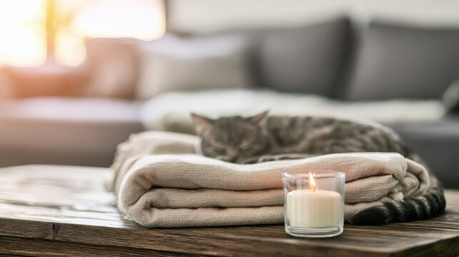Grey tabby cat sleeping on a soft blanket with a lit candle on a table