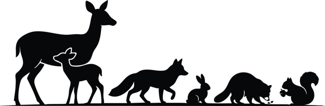Wild Animal Silhouette Collection, African Wildlife and Forest Animals Black Vector Illustration on White Background
