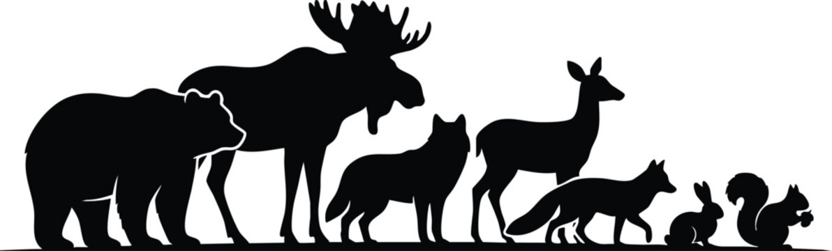 Wild Animal Silhouette Collection, African Wildlife and Forest Animals Black Vector Illustration on White Background