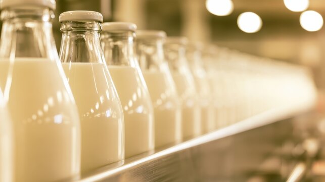 Glass milk bottles arranged on conveyor belt with natural light background