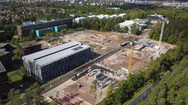 Aerial orbit of a new data center construction site in Erlangen, Germany. Filmed September 24, 2026