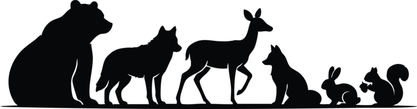 Wild Animal Silhouette Collection, African Wildlife and Forest Animals Black Vector Illustration on White Background