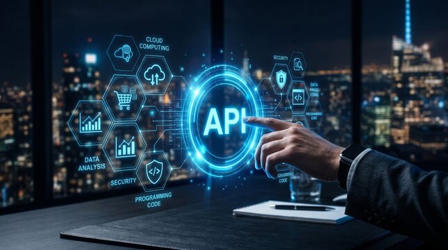 Professional software developer touches glowing blue holographic api interface to access cloud computing services and secure complex programming data systems