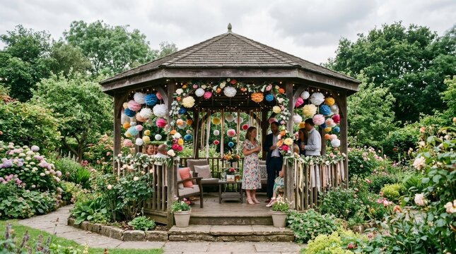 Group of happy people stand and talk inside a decorated wooden garden gazebo.