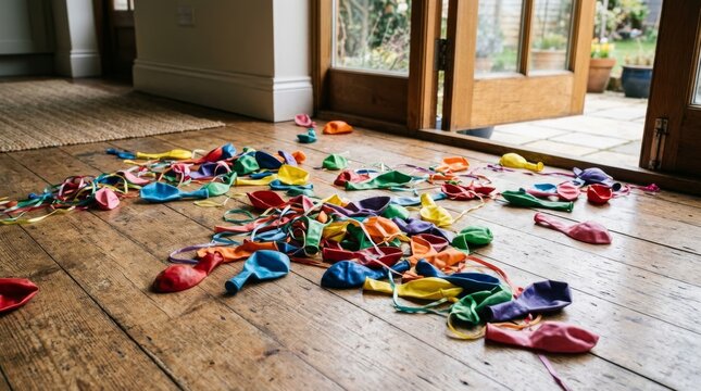 Deflated colorful party balloons lie scattered across a wooden floor inside a house.