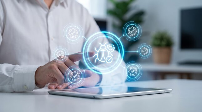 Professional software developer interacts with futuristic digital interface showing bug fixing protocols and system quality assurance icons on bright screens