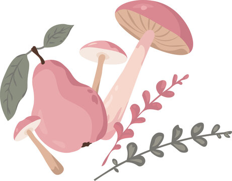 Cute vector illustration of a pink pear with mushrooms and botanical leaves. Flat style autumn clipart perfect for menus, cards, and seasonal designs