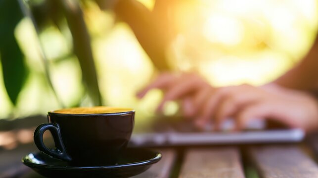 Person working outdoors with coffee on wooden table in natural sunlight
