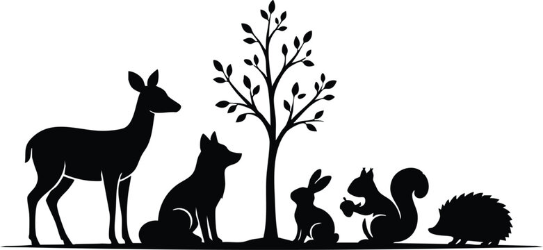 Wild Animal Silhouette Collection, African Wildlife and Forest Animals Black Vector Illustration on White Background