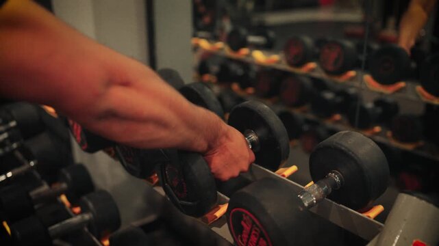 Detail perspective of an athlete gripping a rubber dumbbell on a rack before starting a bicep curl or strength training exercise