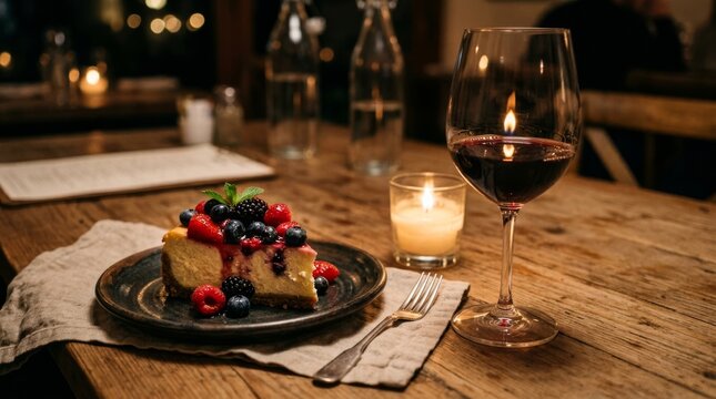 A slice of cheesecake with berries sits on a wooden table with red wine.