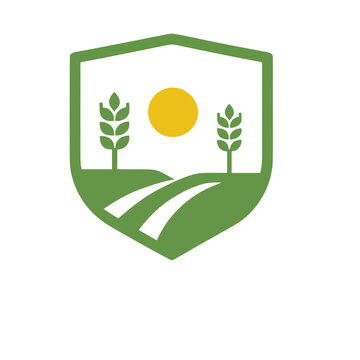 Green shield logo with wheat, sun, and fields