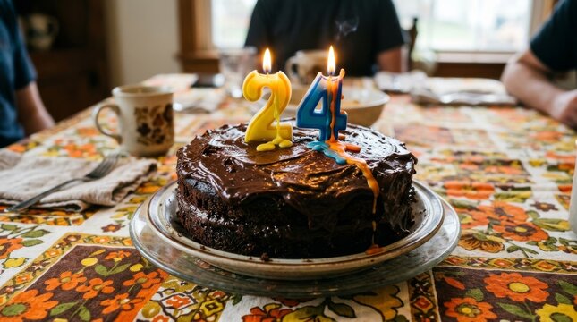 A delicious chocolate birthday cake with burning candles stands on a table at a party.