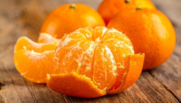 Fresh tangerines and mandarins on wooden table