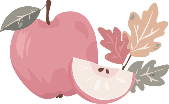 Cute vector illustration of a pink apple with a slice and autumn leaves. Flat style fruit perfect for healthy food designs, menus, and cards