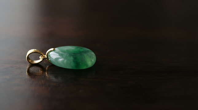 Polished green jade oval pendant with gold metal bail on dark surface