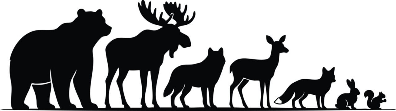 Wild Animal Silhouette Collection, African Wildlife and Forest Animals Black Vector Illustration on White Background