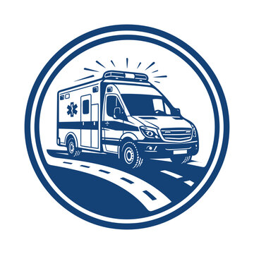 Ambulance vehicle icon with emergency medical service symbol on road