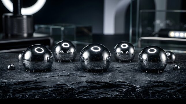 Molten Liquid Chrome Droplets Resting on Flamed Charcoal Slate