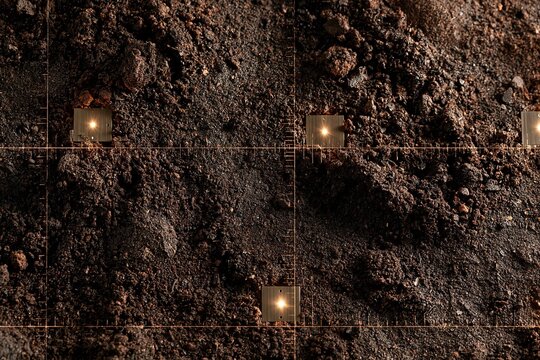 Tiny illuminated cubes embedded in dark soil, precisely positioned by grid lines. These markers denote a study area for soil analysis