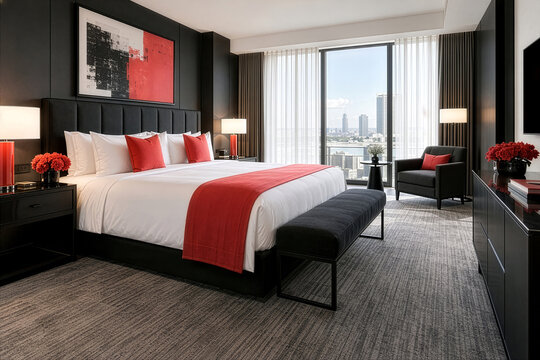 Modern luxury hotel bedroom with king bed, white linens, red accents, black furniture and panoramic city waterfront view