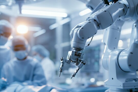 Robotic arm assists surgeons in operating room. Modern medical equipment aids team in sterile surgical suite. Healthcare technology advances patient care