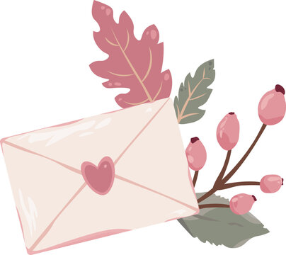 Cute vector illustration of a love envelope with a heart, pink berries, and autumn leaves. Perfect for romantic greetings, wedding invitations, and fall cards