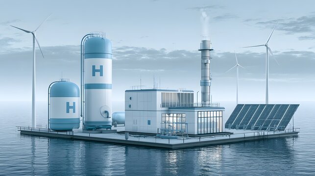An offshore green hydrogen production plant with wind turbines, solar panels, and storage tanks on water. Illustrates clean energy, sustainability, and future technology.