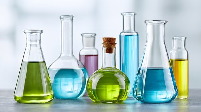 Clear glass lab beakers filled with colorful liquids sit on a textured table. Ideal for pharmaceutical, chemical research, and scientific education concepts.