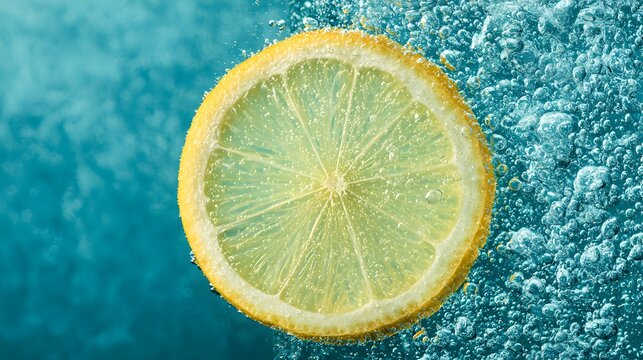 A fresh lemon slice floats in clear water with bubbling carbonation. This vibrant food photography is perfect for healthy drink and beverage advertisements.