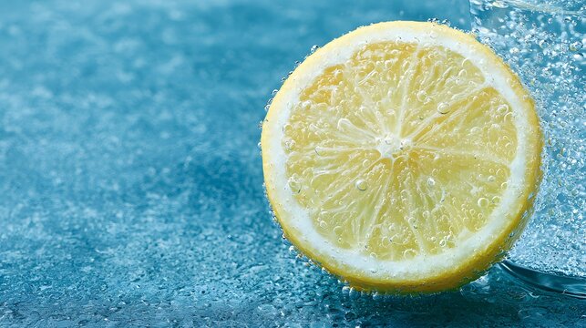 Fresh lemon slice covered in sparkling water bubbles on a cool blue background. Ideal for beverage and health food marketing campaigns.