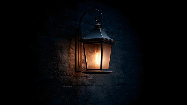 An antique wall lamp emits a warm, inviting glow against a dark stone wall. Perfect for themes of security, nostalgia, or traditional decor.