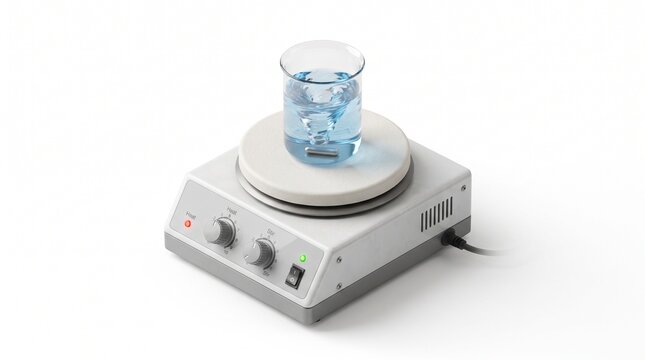 Isometric magnetic stirrer hotplate with beaker blue liquid swirling vortex, lab hot plate stirrer with Heat Stir knobs, chemistry mixing equipment, white background