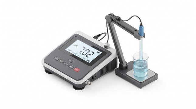 Isometric benchtop pH meter showing 7.02, digital display TEMP 25.0C ATC, probe in beaker blue liquid, lab electrode holder stand, chemistry analytical instrument, white background