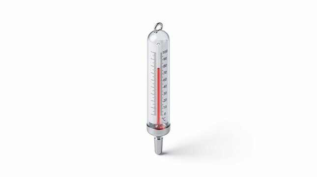 Isometric lab thermometer with red alcohol column at 78&deg;C, glass encased celsius thermometer 0-100 scale, laboratory temperature measuring instrument, white background