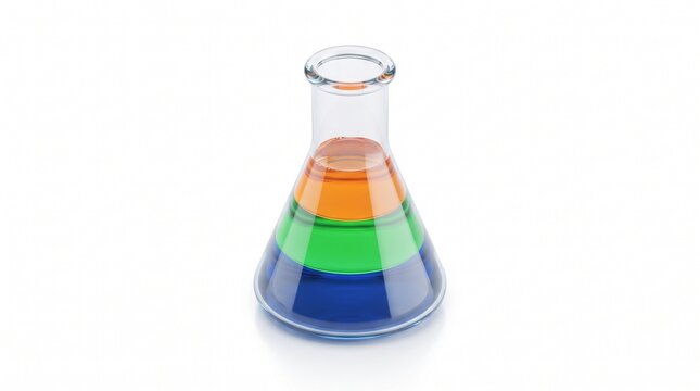 Isometric Erlenmeyer flask with three layered liquids blue green orange density, clear conical glass chemistry lab glassware, colorful chemical experiment, white background