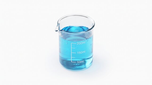 Isometric 250ml glass beaker with blue liquid and bubbles, graduated markings 50ml 150ml 200ml with spout, chemistry lab glassware, white background