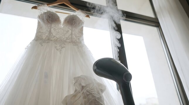 Steaming White Wedding Dress Before Ceremony