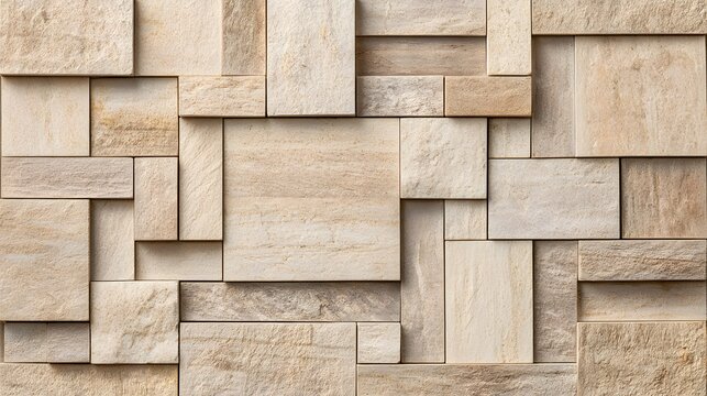 Modern stone wall background featuring geometric beige rectangular tiles with textured surface and soft lighting. Ideal for architectural design and interior decoration concepts.