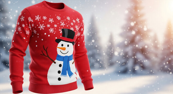 Red sweater with snowman and snowflake pattern, showcasing winter holiday spirit, ideal for festive clothing or Christmas promotion