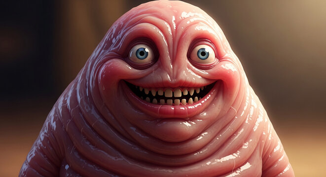 Close-up of a grotesque, pink creature with wide blue eyes and a wide grin showing sharp teeth, symbolizing strangeness, humor, or a quirky character.