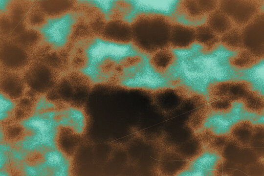 Teal and brown abstract organic texture with heavy film grain and distressed lines serves as vibrant creative backdrop for contemporary graphic design.