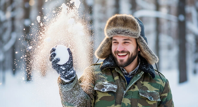 Man with fur hat and camouflage jacket throwing snowball in snowy forest, symbolizing winter fun and outdoor activity