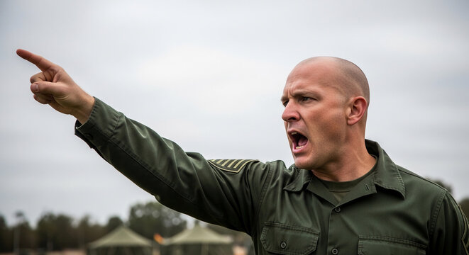 A bald man in a green uniform yells and points his finger, representing authority, command, and direction, suitable for military or leadership themes.