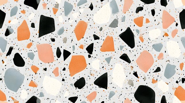 Vibrant seamless terrazzo pattern featuring abstract black, orange, peach, and grey chips on a light background. Ideal for modern surface designs, textiles, or decorative.