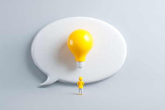 Isometric view of a white speech bubble containing a yellow lightbulb, idea sharing and suggestion concept, 3D illustration