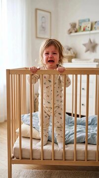 Sad toddler crying and standing inside a wooden baby crib in the nursery room, childhood and emotional expression concept
